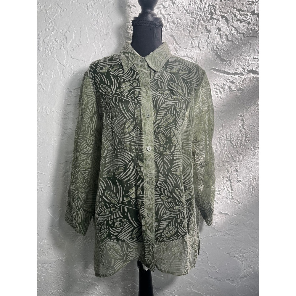 Alfred Dunner Green Burnout Leaf Button Front Blouse Size 14
